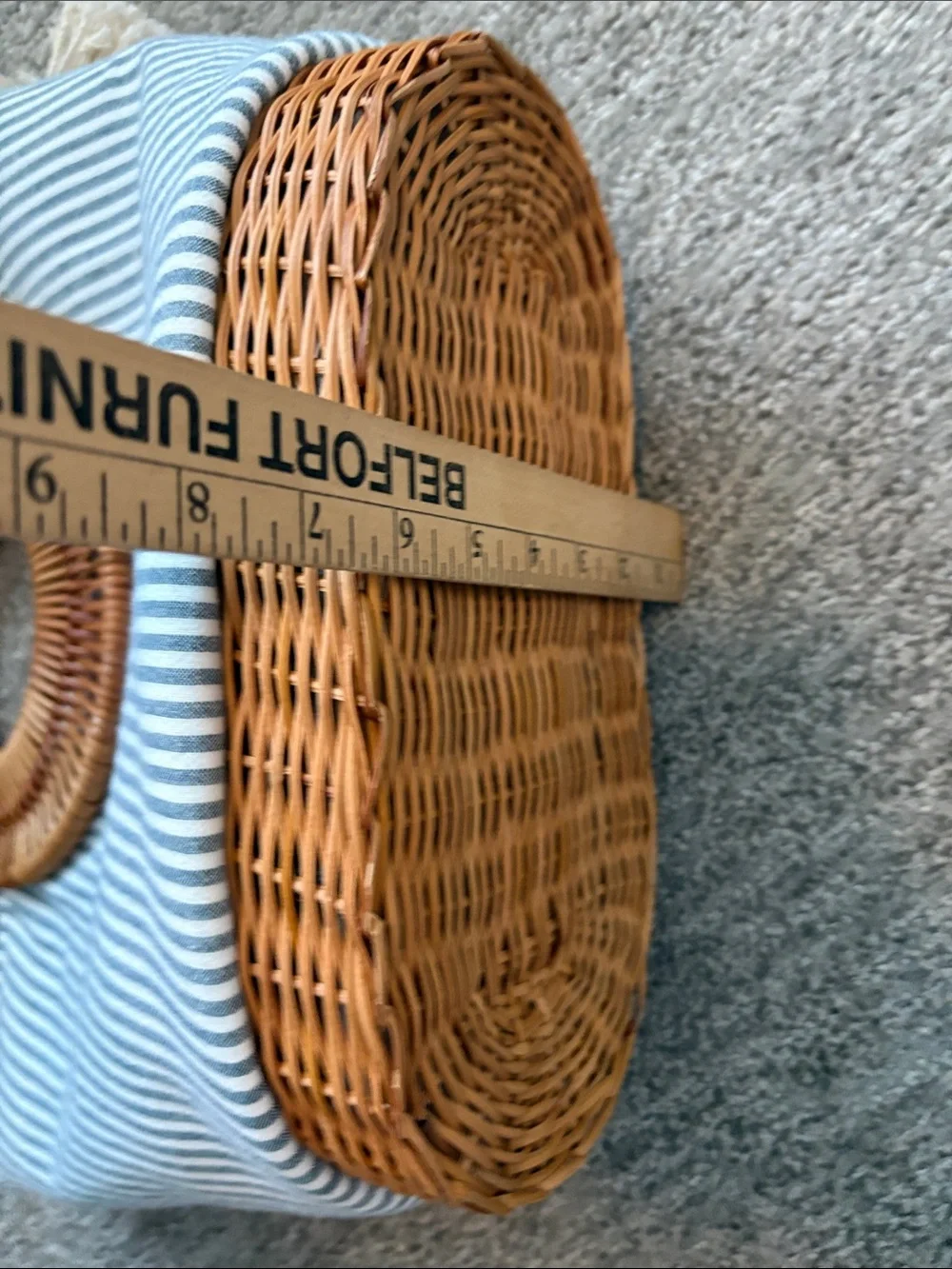 Straw Studios, Striped Canvas and Rattan Tote Bag with Tassel - Blue/White - Picture 9 of 9